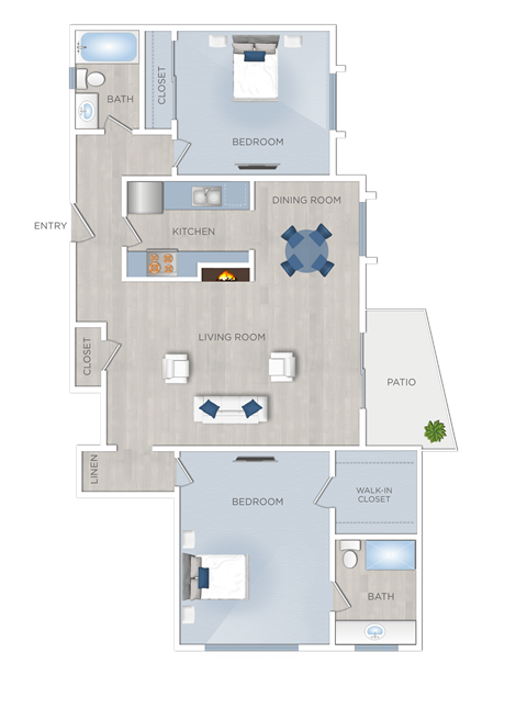Floor plan for 2 beds, 2 baths